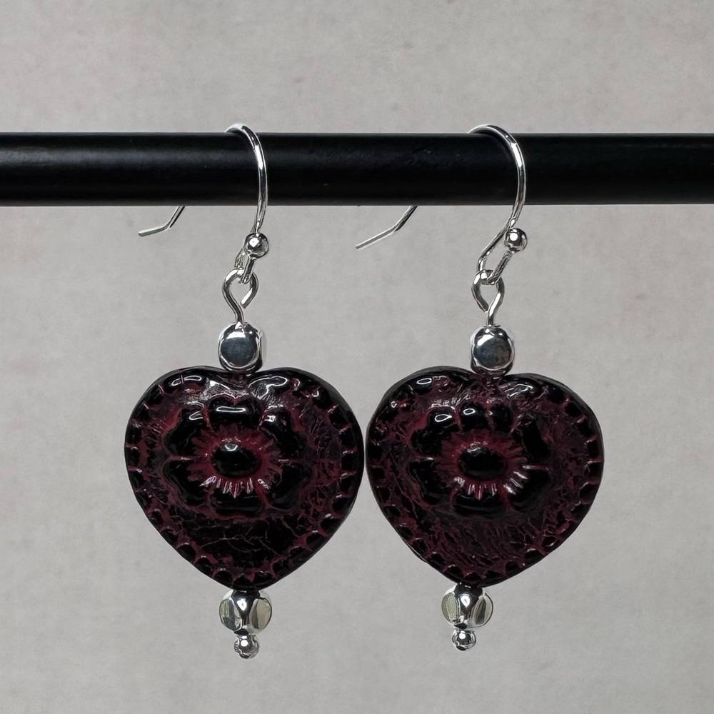 HAND CRAFTED Czech Glass Victorian Heart Earrings Purple & Silver 1 1/2” NWT - Picture 14 of 14